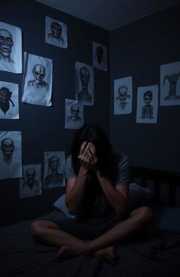 A dark room with unsettling, creepy creature drawings on paper glued to the walls