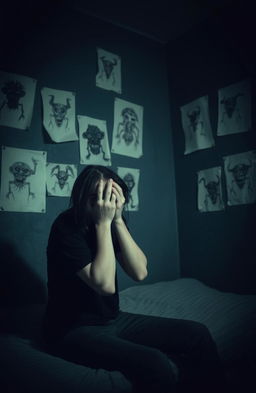 A dark room with unsettling, creepy creature drawings on paper glued to the walls
