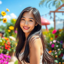 A stunning 20-year-old Asian woman with long, flowing black hair and captivating features