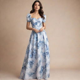 A viral, trendy, long, flowy, blue and white floral dress for a wedding guest, designed with a corset top and short sleeves. The dress exudes fashionable elegance, perfect for today's chic wedding attendee.
