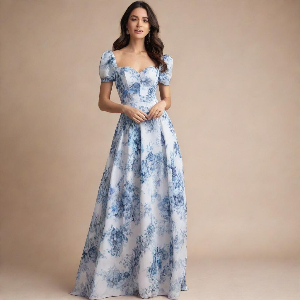 A viral, trendy, long, flowy, blue and white floral dress for a wedding guest, designed with a corset top and short sleeves. The dress exudes fashionable elegance, perfect for today's chic wedding attendee.