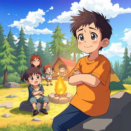An anime scene depicting a young boy with a jealous expression as he watches a cheerful family camping in the background