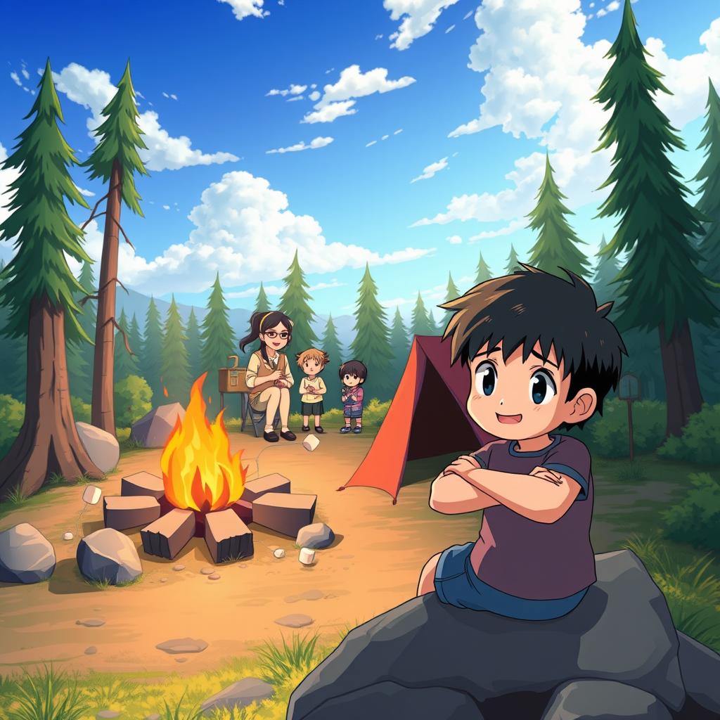 An anime scene depicting a young boy with a jealous expression as he watches a cheerful family camping in the background