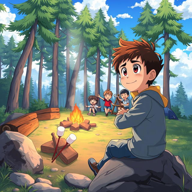 An anime scene depicting a young boy with a jealous expression as he watches a cheerful family camping in the background