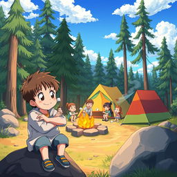 An anime scene depicting a young boy with a jealous expression as he watches a cheerful family camping in the background