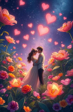 A whimsical fantasy universe filled with vibrant, oversized plants and flowers, embodying the essence of love and romance
