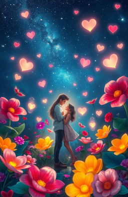 A whimsical fantasy universe filled with vibrant, oversized plants and flowers, embodying the essence of love and romance