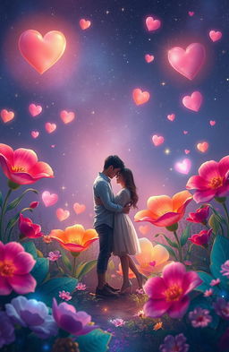 A whimsical fantasy universe filled with vibrant, oversized plants and flowers, embodying the essence of love and romance