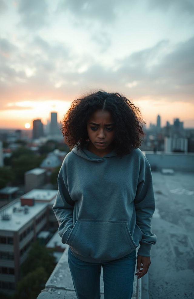 A sorrowful African-American female teenager with a concerned expression, standing on the edge of a rooftop, looking down