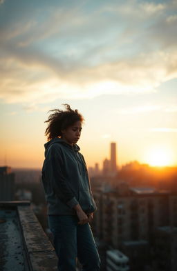 A sorrowful African-American female teenager with a concerned expression, standing on the edge of a rooftop, looking down