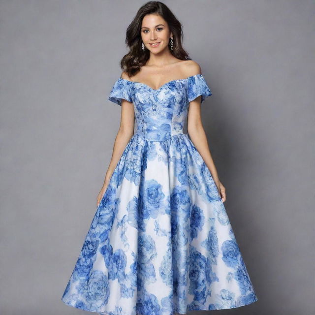 A viral, trendy, long, flowy, blue and white floral dress for a wedding guest, designed with a corset top and short sleeves. The dress exudes fashionable elegance, perfect for today's chic wedding attendee.