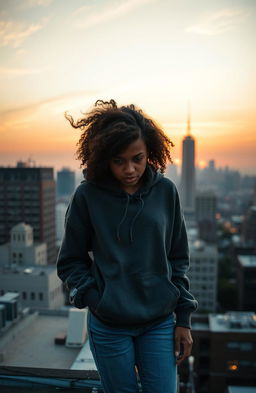 A sorrowful African-American female teenager with a concerned expression, standing on the edge of a rooftop, looking down