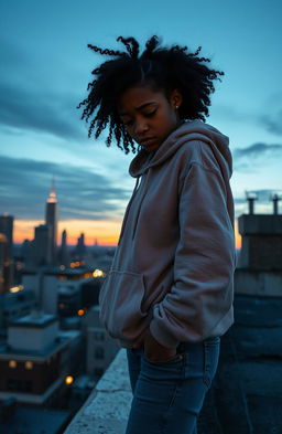 A sorrowful African-American female teenager with a concerned expression, standing on the edge of a rooftop, looking down