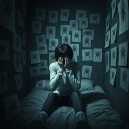 A 3D rendered image of a dark room filled with disturbing creature drawings on paper glued to the walls