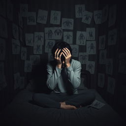A 3D rendered image of a dark room filled with disturbing creature drawings on paper glued to the walls
