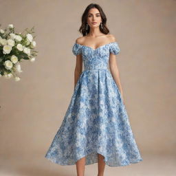 A viral, trendy, long, flowy, blue and white floral dress for a wedding guest, designed with a corset top and short sleeves. The dress exudes fashionable elegance, perfect for today's chic wedding attendee.