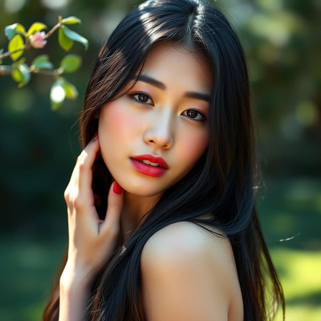 A beautiful 20-year-old Asian woman, featuring smooth skin and an elegant pose