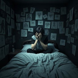 A 3D rendered image of a dark room adorned with various creepy creature drawings on paper glued to the walls