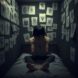 A 3D rendered image of a dark room adorned with various creepy creature drawings on paper glued to the walls