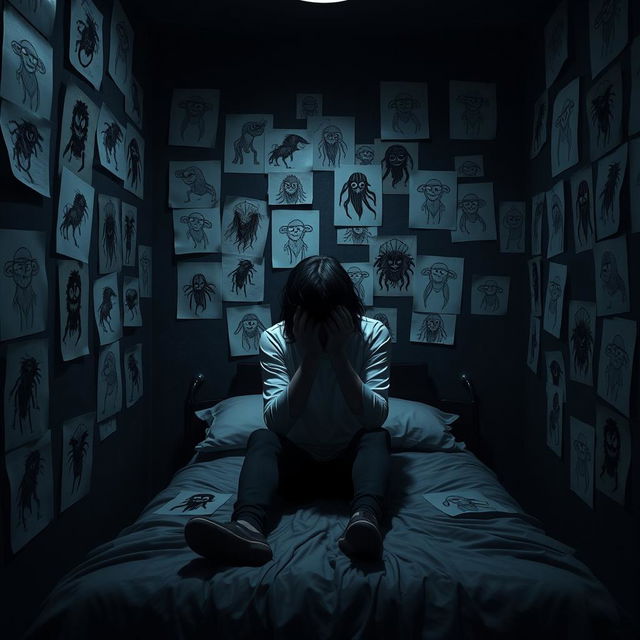 A 3D rendered image of a dark room adorned with various creepy creature drawings on paper glued to the walls