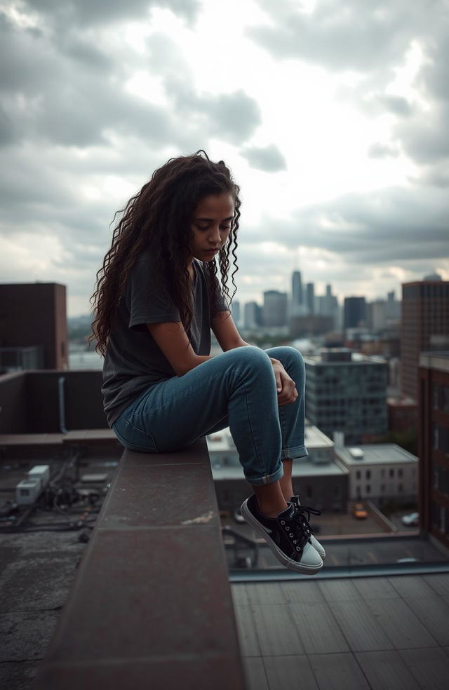 A sad African-American female teenager with long curly hair, sitting on the edge of a rooftop, looking down with a somber expression