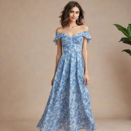 A viral, trendy, long, flowy, blue and white floral dress for a wedding guest, designed with a corset top and short sleeves. The dress exudes fashionable elegance, perfect for today's chic wedding attendee.