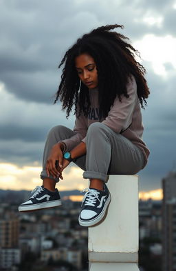 A sad African-American female teenager with long curly hair, sitting on the edge of a rooftop, looking down with a somber expression