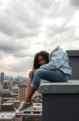 A sad African-American female teenager with long curly hair, sitting on the edge of a rooftop, looking down with a somber expression