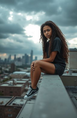 A sad African-American female teenager with long curly hair, sitting on the edge of a rooftop, looking down with a somber expression