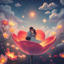 A heartwarming scene set in a fantastical universe, where love and romance blossom in a different world filled with enchanting plants and flowers