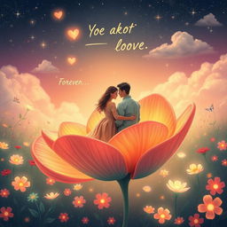 A heartwarming scene set in a fantastical universe, where love and romance blossom in a different world filled with enchanting plants and flowers