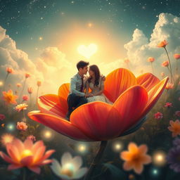 A heartwarming scene set in a fantastical universe, where love and romance blossom in a different world filled with enchanting plants and flowers