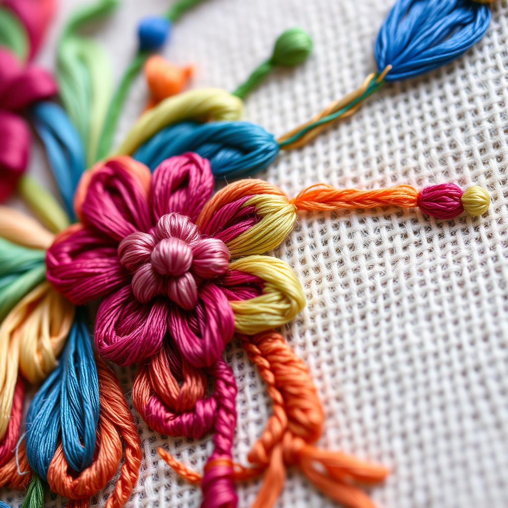 A close-up view of intricate embroidery work featuring vibrant colorful threads woven into a floral design, showcasing depth and texture