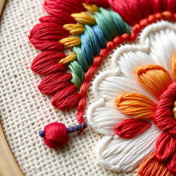 A close-up view of intricate embroidery work featuring vibrant colorful threads woven into a floral design, showcasing depth and texture