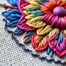 A close-up view of intricate embroidery work featuring vibrant colorful threads woven into a floral design, showcasing depth and texture