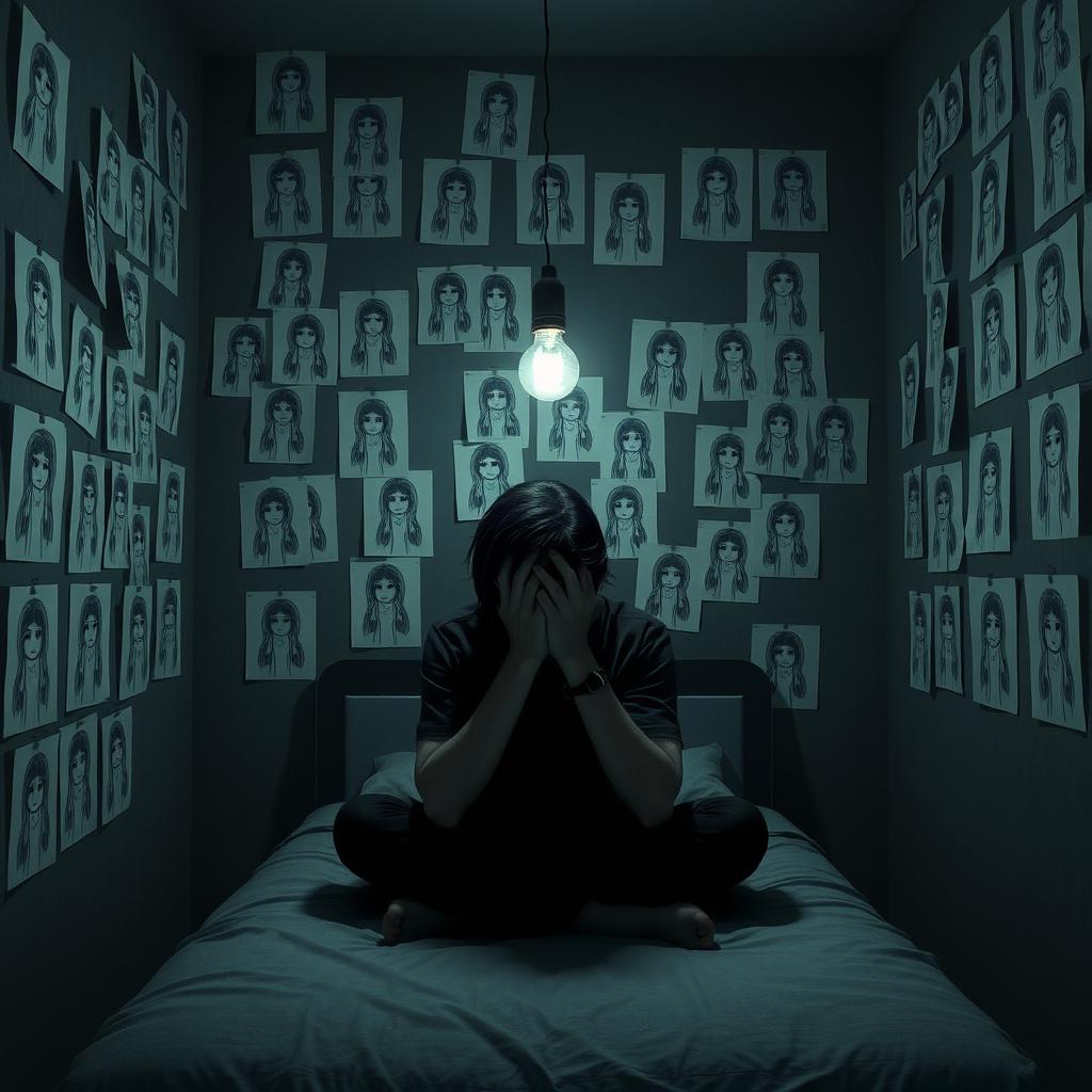 A 3D rendered image of a dark room featuring many creepy drawings of girls on paper glued to the walls