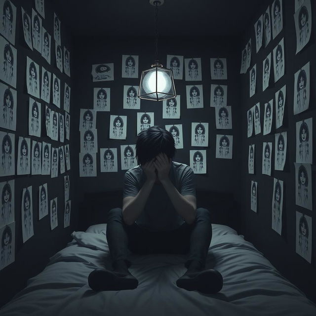 A 3D rendered image of a dark room featuring many creepy drawings of girls on paper glued to the walls