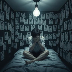 A 3D rendered image of a dark room featuring many creepy drawings of girls on paper glued to the walls