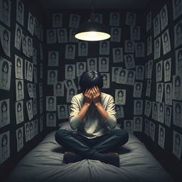 A 3D rendered image of a dark room featuring many creepy drawings of girls on paper glued to the walls