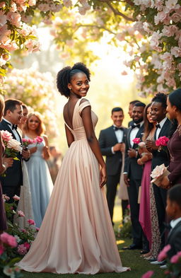 A beautiful black girl with radiant skin and a radiant smile, dressed in an elegant flowing gown, standing gracefully in a lavish garden