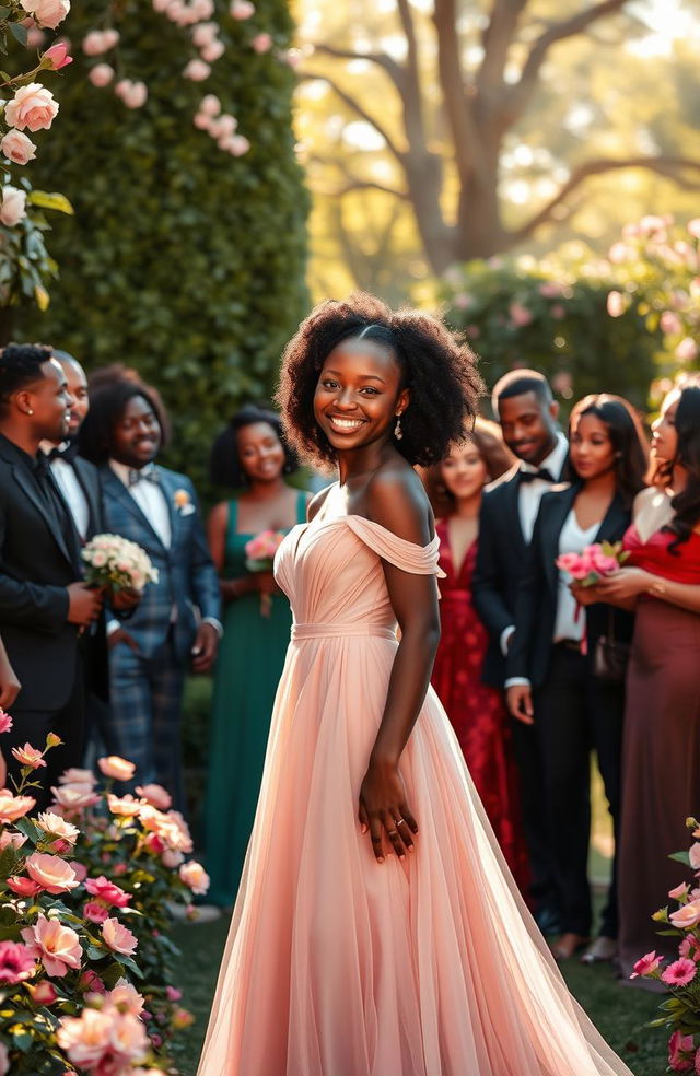 A beautiful black girl with radiant skin and a radiant smile, dressed in an elegant flowing gown, standing gracefully in a lavish garden