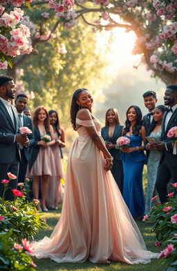 A beautiful black girl with radiant skin and a radiant smile, dressed in an elegant flowing gown, standing gracefully in a lavish garden