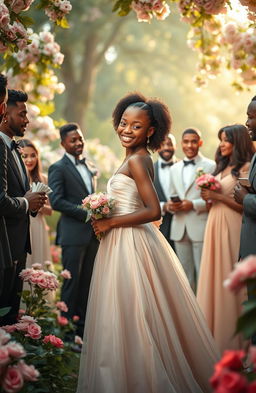 A beautiful black girl with radiant skin and a radiant smile, dressed in an elegant flowing gown, standing gracefully in a lavish garden