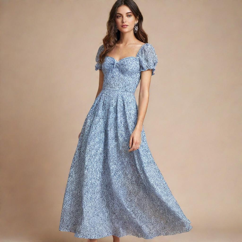 A viral, trendy, long, flowy, floral dress with an alternating blue and white pattern for a wedding guest, featuring a corset top and short sleeves. This dress exemplifies stylish sophistication, perfect for a modern-day wedding event.