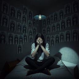 A 3D rendered image of a dark room featuring numerous unsettling drawings of various girls with their faces obscured by hair, glued to the walls