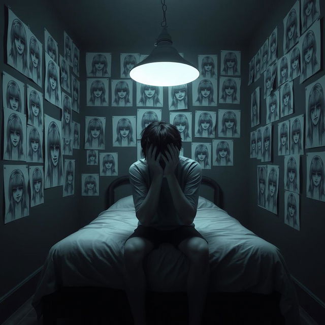 A 3D rendered image of a dark room featuring numerous unsettling drawings of various girls with their faces obscured by hair, glued to the walls