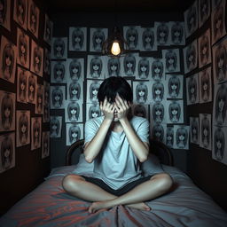 A 3D rendered image of a dark room featuring numerous unsettling drawings of various girls with their faces obscured by hair, glued to the walls