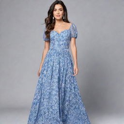 A viral, trendy, long, flowy, floral dress with an alternating blue and white pattern for a wedding guest, featuring a corset top and short sleeves. This dress exemplifies stylish sophistication, perfect for a modern-day wedding event.