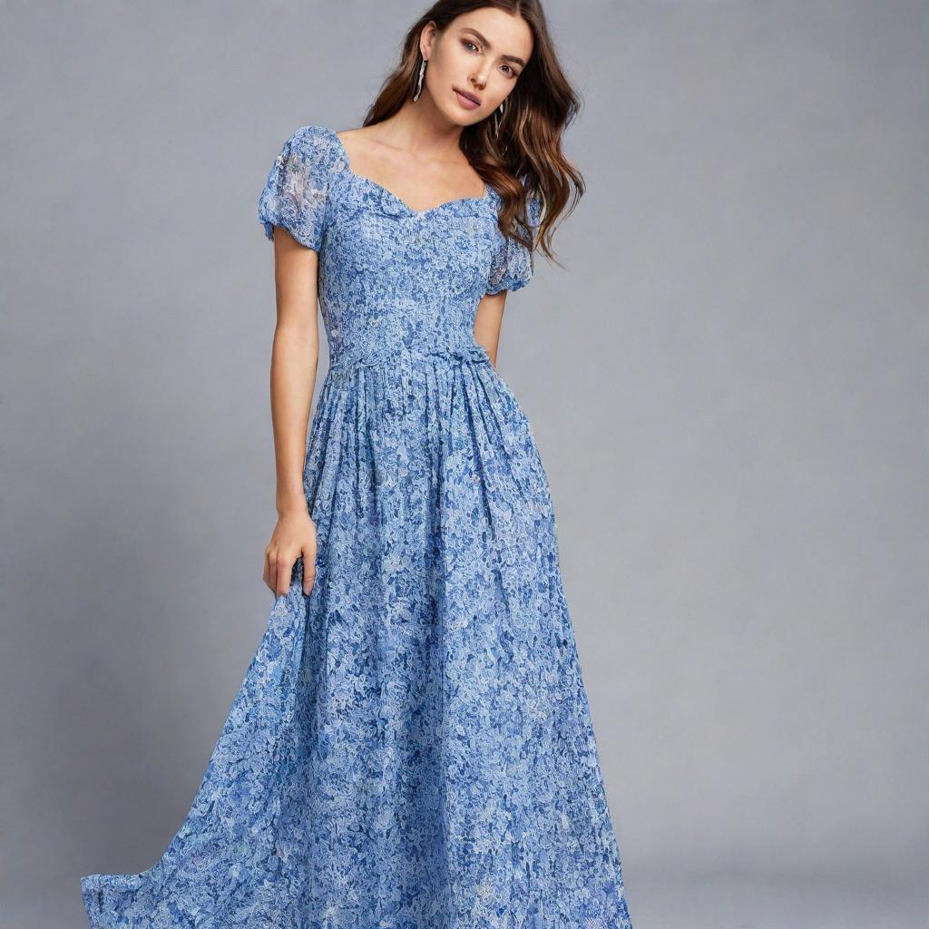 A viral, trendy, long, flowy, floral dress with an alternating blue and white pattern for a wedding guest, featuring a corset top and short sleeves. This dress exemplifies stylish sophistication, perfect for a modern-day wedding event.