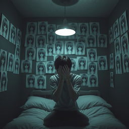 A portrait-sized 3D rendered image of a dark room featuring numerous eerie drawings of girls with their faces obscured by hair, glued to the walls